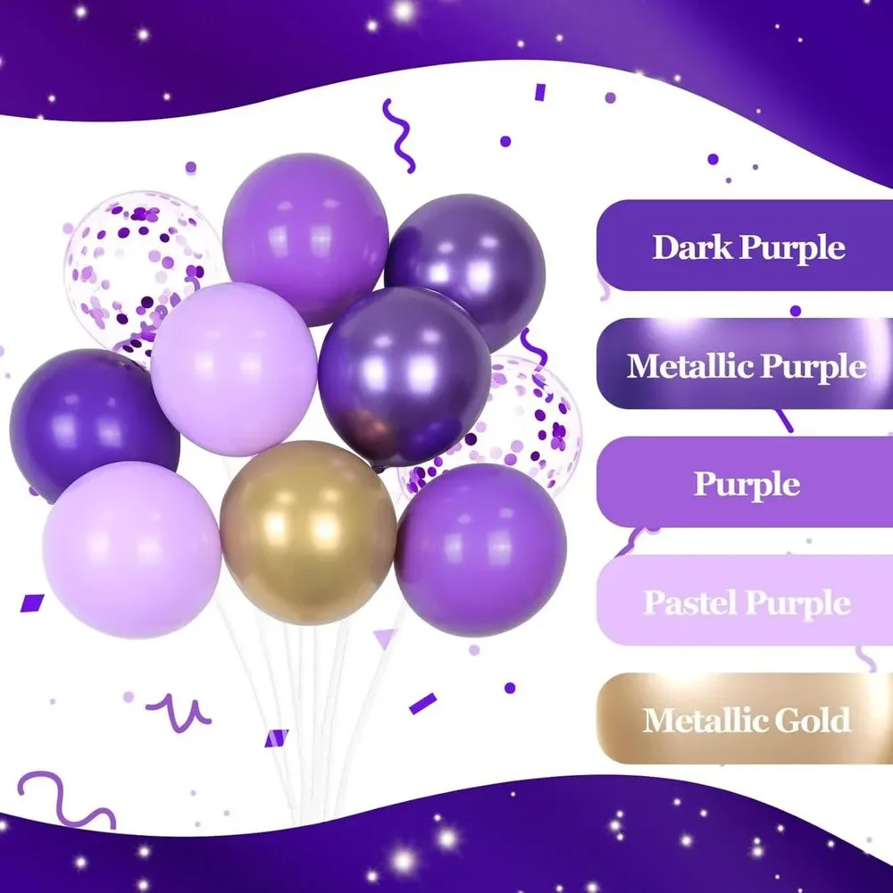 60pcs 12 Inch Purple and Gold Balloons with Metallic Gold Confetti Set